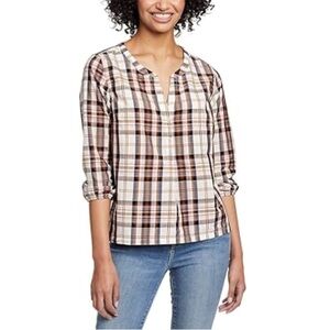 Eddie Bauer Women's 3/4-Sleeve Etesian Henley plaid shirt; Size Large